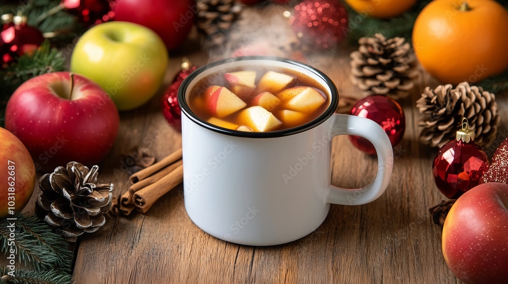 Steaming mug of apple cider with christmas decorations and spices on a rustic wooden table Steaming mug of apple cider with christmas decorations and spices on a rustic wooden table