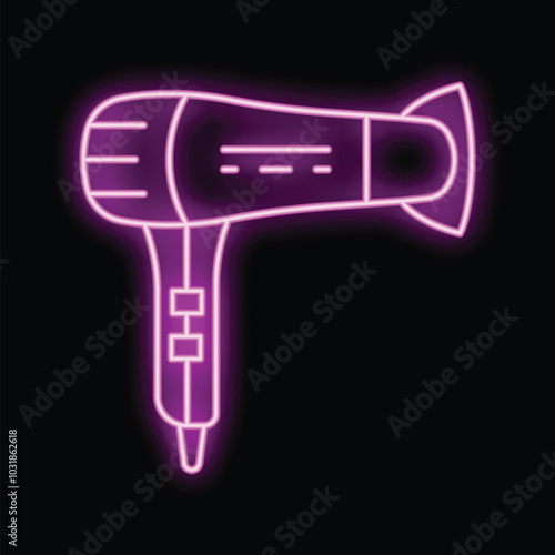 Pink neon sign of a professional hairdryer glowing on a dark background