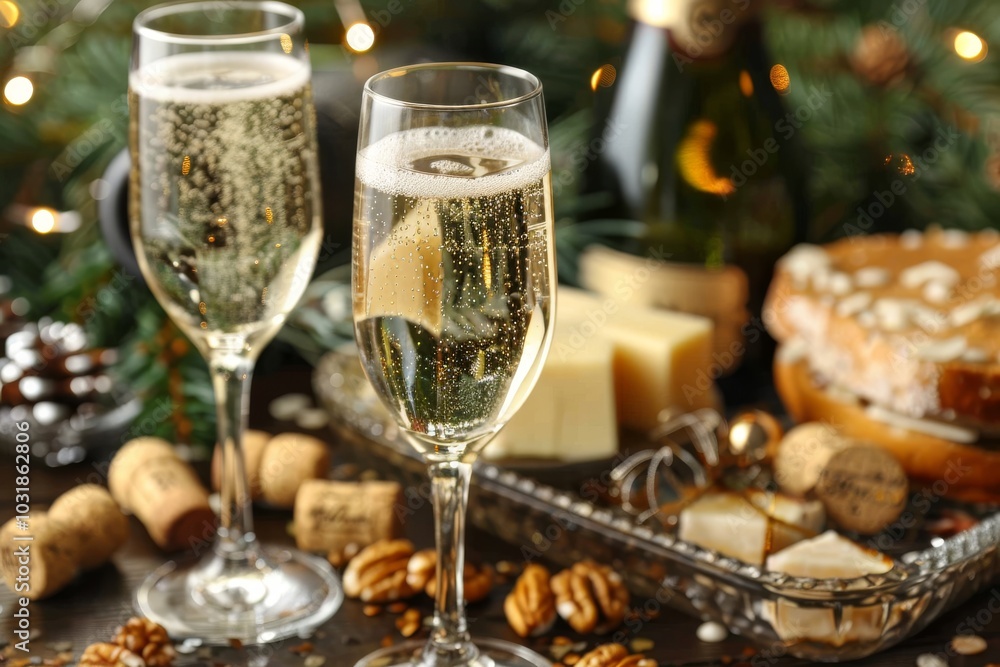 Sparkling drinks and festive treats arranged on a table with holiday decorations during a cheerful celebration Sparkling drinks and festive treats arranged on a table with holiday decorations during a cheerful celebration