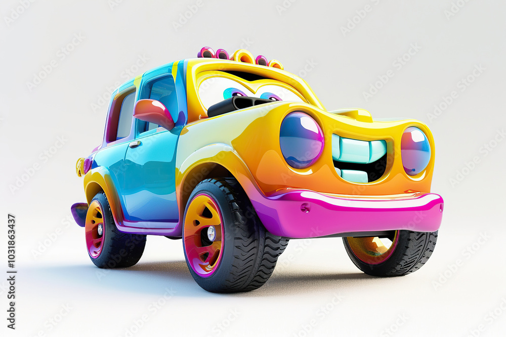 A beautiful fictional cartoon car with pronounced headlights on a colorful background A beautiful fictional cartoon car with pronounced headlights on a colorful background