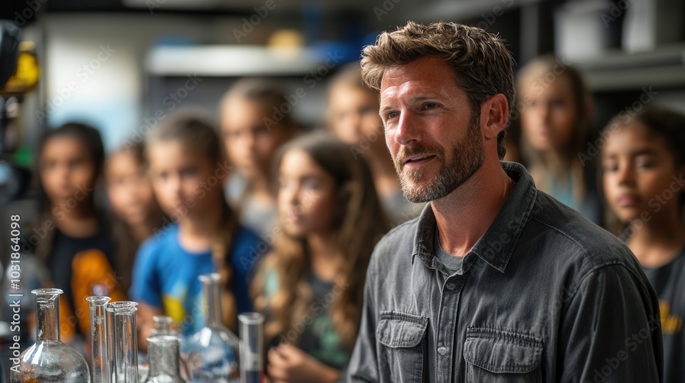 A dedicated teacher leads a diverse group of students through an engaging science experiment in a well-equipped classroom laboratory. A dedicated teacher leads a diverse group of students through an engaging science experiment in a well-equipped classroom laboratory.