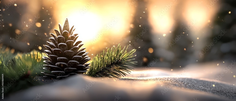  A pine cone atop snowy mound, another on snow-laden ground