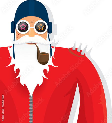 vector cool rock n roll santa claus with smoking pipe, santa beard and funky hat isolated on transparent horizontal banner background with snowflakes. Horizontal Christmas hipster party poster