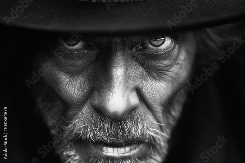 A close-up of a weathered man with intense eyes and a worn face, wearing a dark hat, expressing deep emotions in a monochrome setting