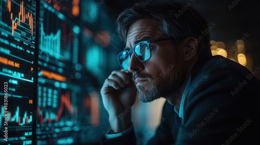 A focused man analyzes data on multiple screens in a dark room, highlighting intense concentration and technological insight. A focused man analyzes data on multiple screens in a dark room, highlighting intense concentration and technological insight.