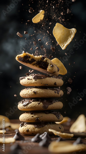 Gourmet Snack Indulgence, a tempting display of crispy chips and rich chocolate cookies, inviting taste buds with vibrant colors and textures. photo