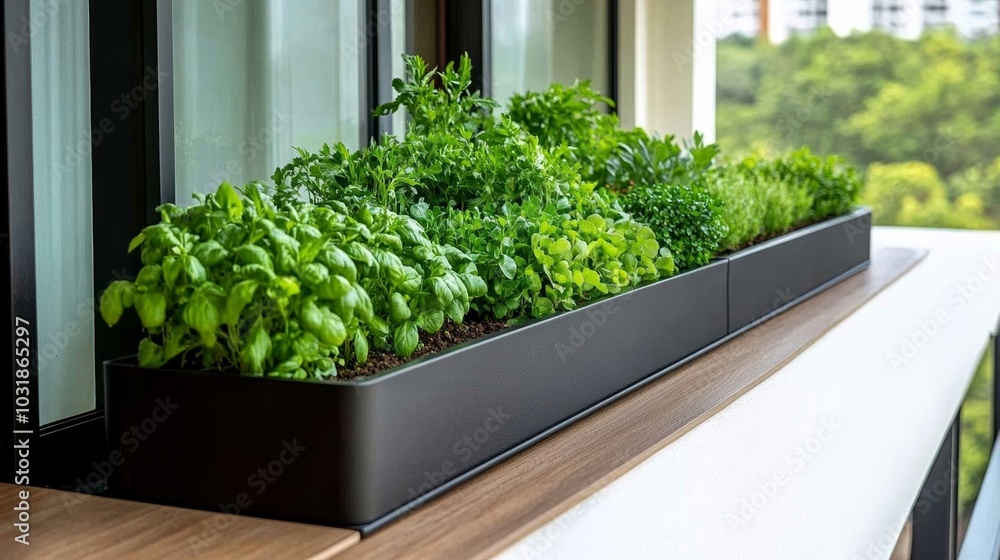 Fototapeta premium Stylish urban kitchen garden with vertical planters on a balcony, filled with lush herbs, small vegetables, and edible flowers, offering fresh ingredients just steps away from the kitchen 
