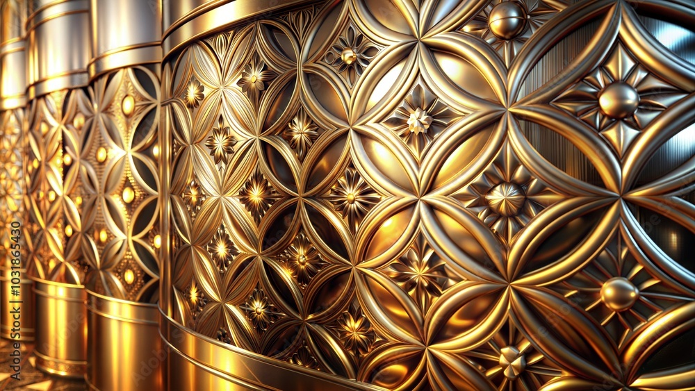 Ornate golden metallic surface with intricate floral and geometric patterns Ornate golden metallic surface with intricate floral and geometric patterns