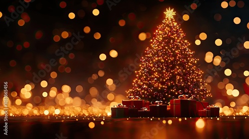 Christmas Background, Beautifully lit Christmas tree with gifts, festive atmosphere, golden bokeh lights.