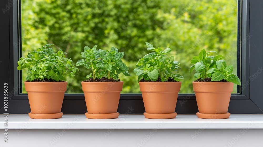 Small, but productive kitchen garden with terracotta pots overflowing with herbs like mint and coriander, nestled on a sun-drenched windowsill overlooking a cozy backyard Small, but productive kitchen garden with terracotta pots overflowing with herbs like mint and coriander, nestled on a sun-drenched windowsill overlooking a cozy backyard