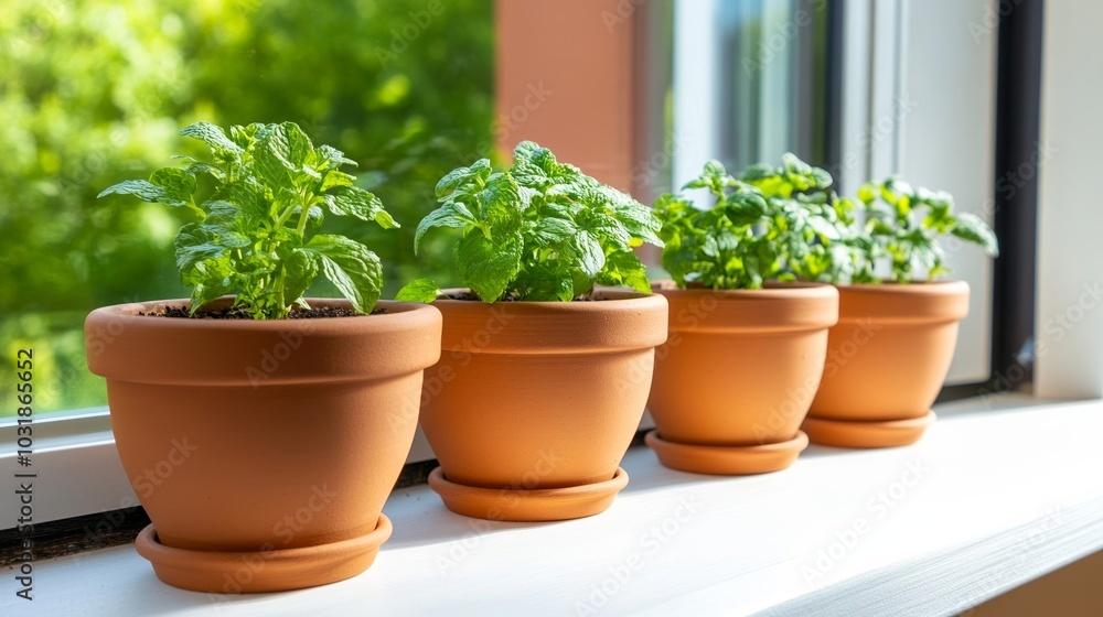 Small, but productive kitchen garden with terracotta pots overflowing with herbs like mint and coriander, nestled on a sun-drenched windowsill overlooking a cozy backyard 