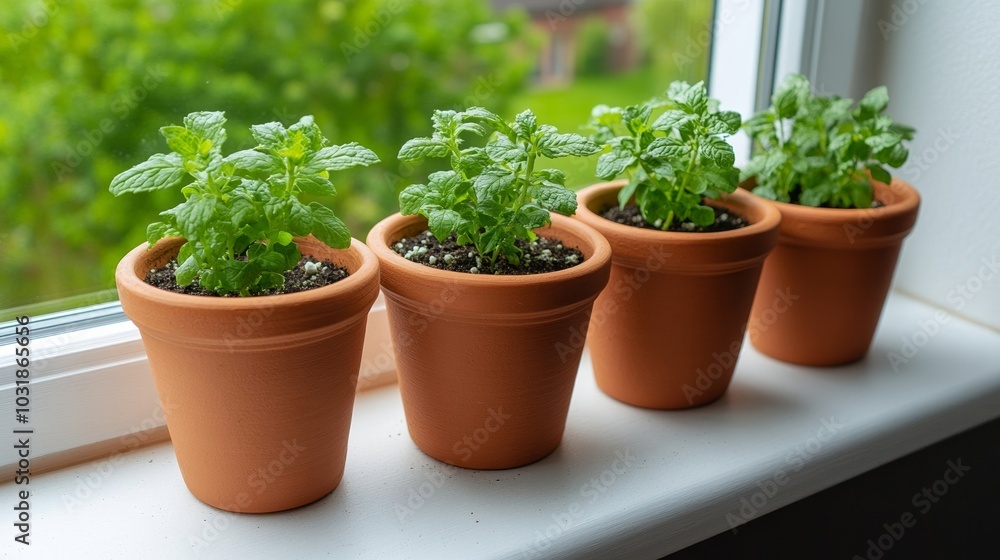 Small, but productive kitchen garden with terracotta pots overflowing with herbs like mint and coriander, nestled on a sun-drenched windowsill overlooking a cozy backyard Small, but productive kitchen garden with terracotta pots overflowing with herbs like mint and coriander, nestled on a sun-drenched windowsill overlooking a cozy backyard