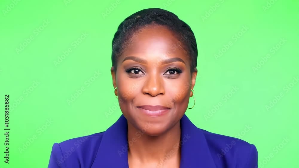 African woman in suit having an interview on green screen background. News or documentary program, stream, webinar. Confident business woman speaking and looking in camera. Ready to chroma key African woman in suit having an interview on green screen background. News or documentary program, stream, webinar. Confident business woman speaking and looking in camera. Ready to chroma key