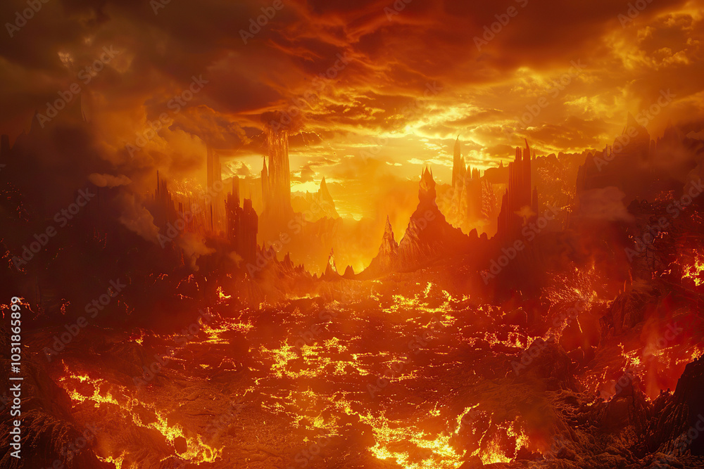 Scary sinister devil is in hell with dramatic fire lighting on the background Scary sinister devil is in hell with dramatic fire lighting on the background