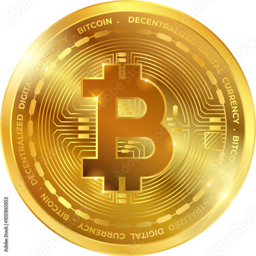 Gold coin Bitcoin. Transparent background. Vector.