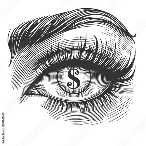 eye with a dollar sign as its pupil, symbolizing wealth, finance, or materialism sketch engraving generative ai fictional character vector illustration. Scratch board imitation. Black and white image.