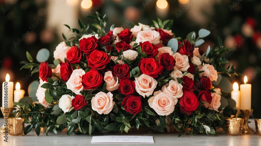 Romantic Valentine's Day setup featuring a lavish bouquet of red and pink roses, with a handwritten love letter on delicate stationery, framed by glowing candles and gold accents Romantic Valentine's Day setup featuring a lavish bouquet of red and pink roses, with a handwritten love letter on delicate stationery, framed by glowing candles and gold accents