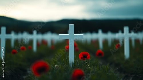 Rows of white crosses in a military cemetery, with red poppies blooming at their base, somber Veterans Day memorial scene 