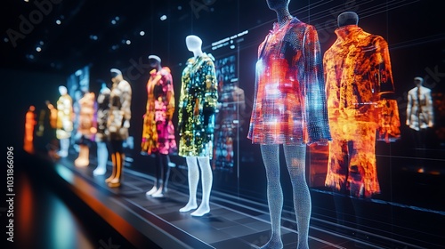 Fashion design process involving AI and algorithms generating clothing concepts on a digital screen photo