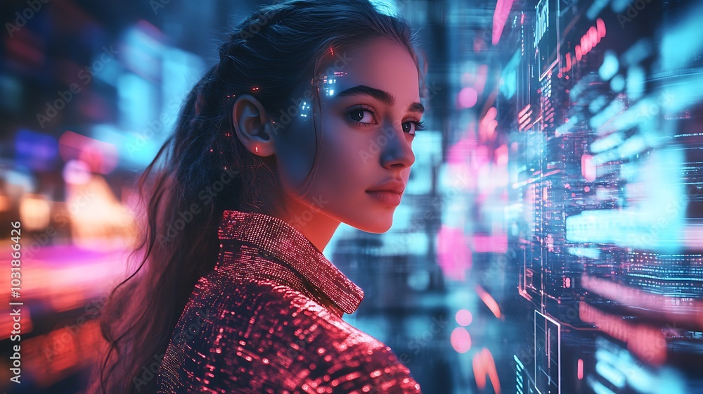 Fashion model wearing clothing with integrated technology, surrounded by digital data and holographic screens Fashion model wearing clothing with integrated technology, surrounded by digital data and holographic screens