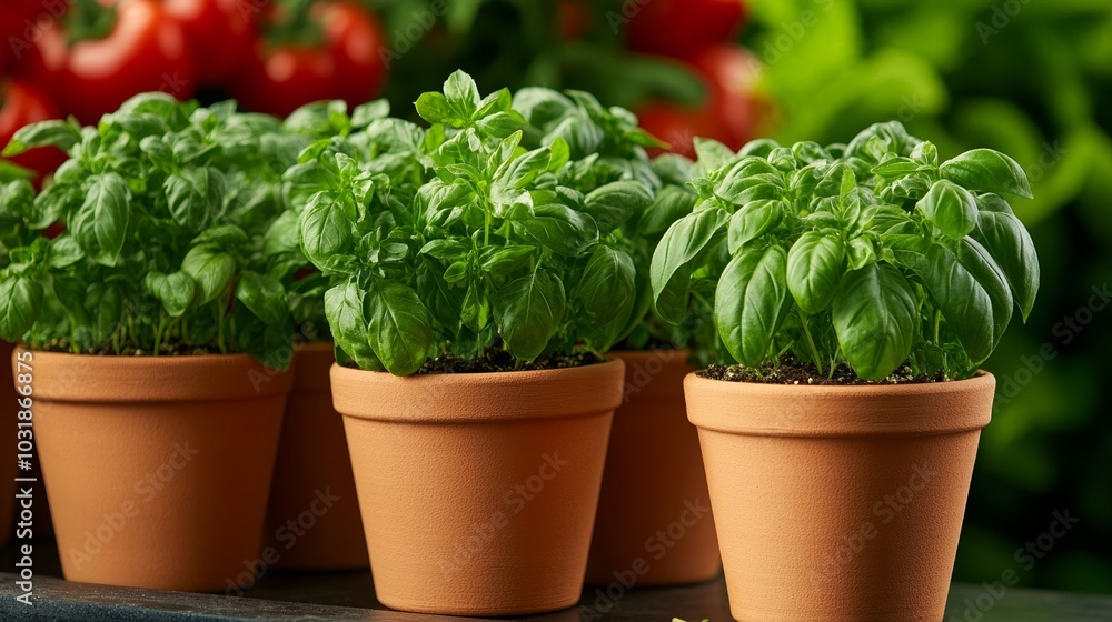Kitchen garden with a variety of herbs like oregano, rosemary, and basil growing in clay pots, surrounded by tomatoes and peppers, with a soft breeze under the afternoon sun Kitchen garden with a variety of herbs like oregano, rosemary, and basil growing in clay pots, surrounded by tomatoes and peppers, with a soft breeze under the afternoon sun