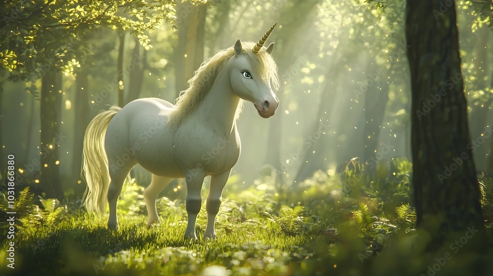 Obraz premium Enchanting Virtual Pet Unicorn in Magical Forest Landscape with Interactive Elements