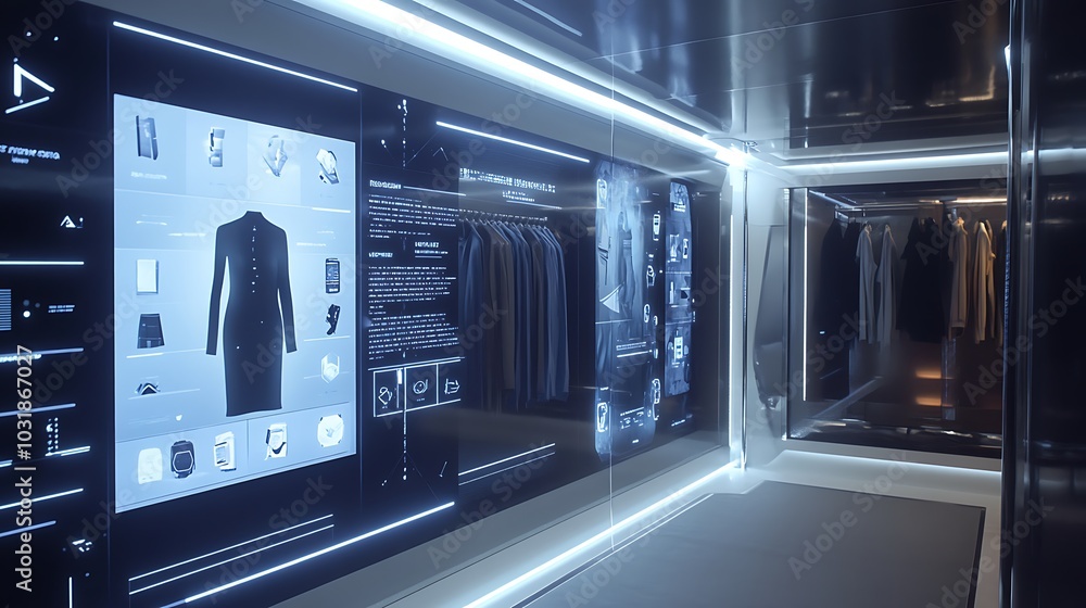 Obraz premium Futuristic wardrobe with smart clothing options displayed on interactive screens for personalized fashion recommendations