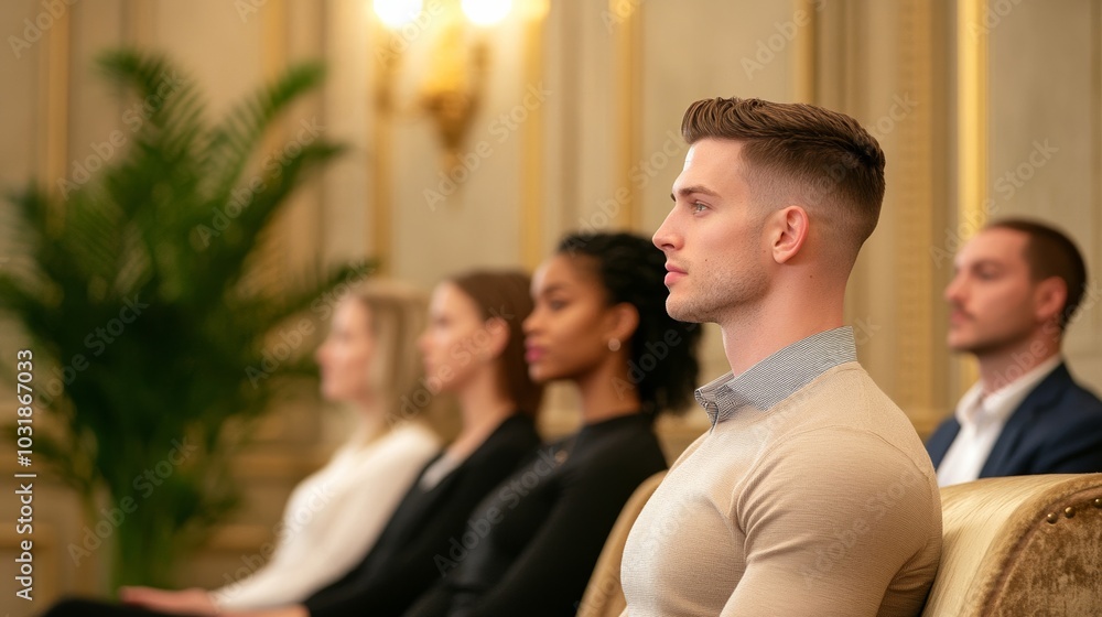 Instructor demonstrating the art of polite conversation in an etiquette class, with students sitting in elegant armchairs, practicing active listening and thoughtful responses 