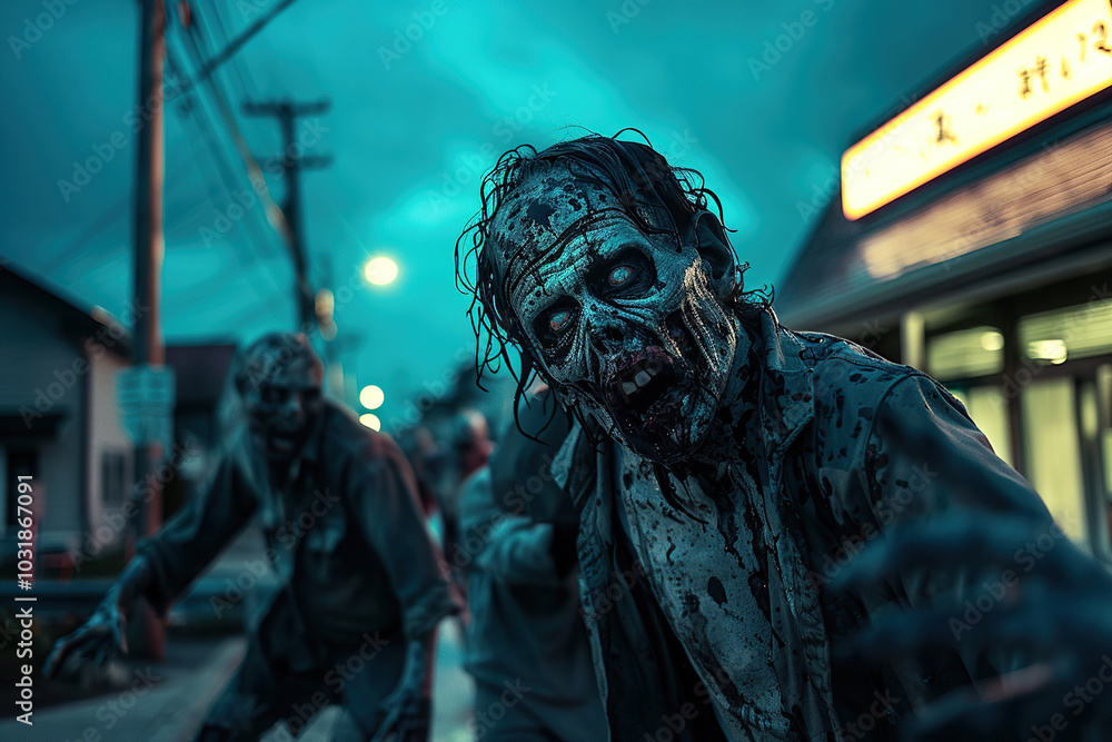 Scary sinister zombie wandering in street with lighting on Halloween Scary sinister zombie wandering in street with lighting on Halloween