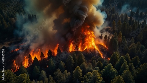 fire in the forest, Aerial view of wildfire in the pine forest