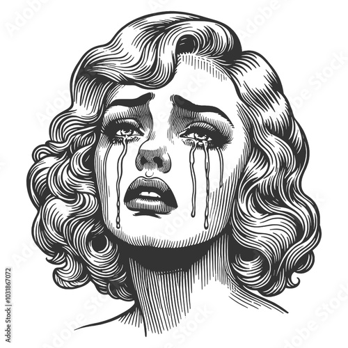 crying woman with tears and smudged mascara streaming down her face, deep sadness and emotion sketch engraving generative ai vector illustration. Scratch board imitation. Black and white image.
