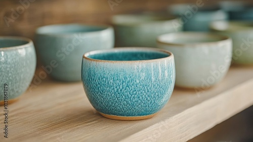 Handmade pottery with unique glazes, set up on display shelves, earthy textures showcased for Small Business Saturday 