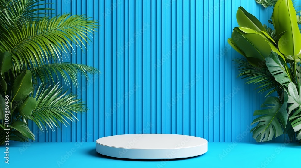 Tropical Blue Background with White Podium and Green Palm Leaves Tropical Blue Background with White Podium and Green Palm Leaves