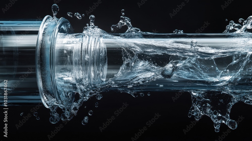 A detailed view of water flowing through a transparent pipe, showing water movement and pipe structure. A detailed view of water flowing through a transparent pipe, showing water movement and pipe structure.
