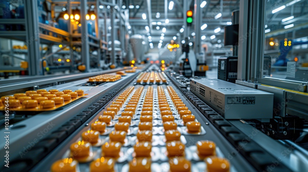 A conveyor belt system transporting yellow caps in a modern industrial setting. A conveyor belt system transporting yellow caps in a modern industrial setting.