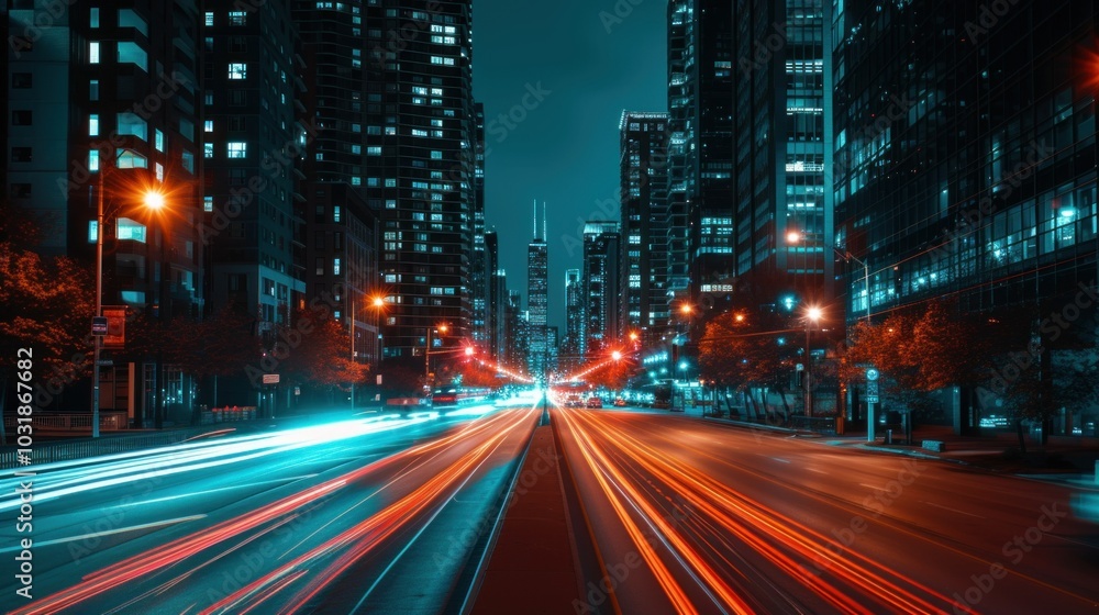A long exposure photograph capturing the vibrant city street at night A long exposure photograph capturing the vibrant city street at night