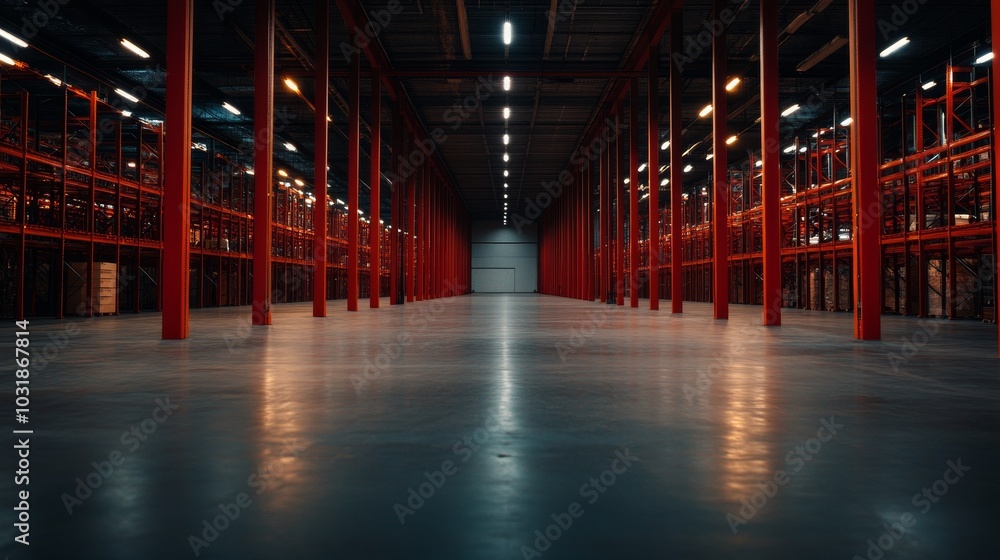 Fototapeta premium Abandoned Industrial Warehouse with Empty Storage Shelving, representing decline, forgotten, potential, industrial decay, empty space.