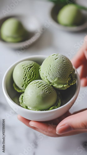 Mochi Matcha Delight, creamy green tea ice cream wrapped in soft mochi, a fusion of flavors and textures in every bite photo