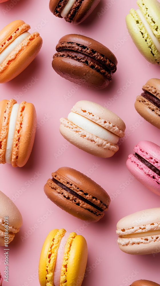 Vibrant Macaron Display, an enticing assortment of neatly arranged colorful macarons against a soft light pink backdrop, inviting and delightful. Vibrant Macaron Display, an enticing assortment of neatly arranged colorful macarons against a soft light pink backdrop, inviting and delightful.