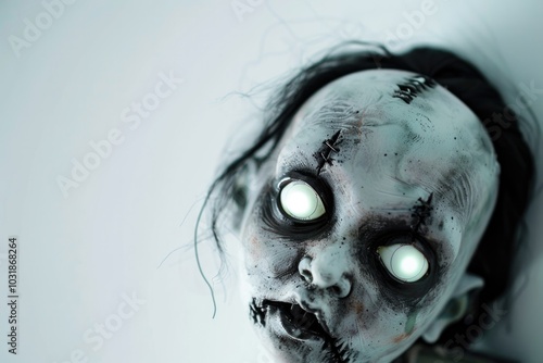 Zombie doll. Creepy of doll face with glowing white eyes and zombie skin in the white background.