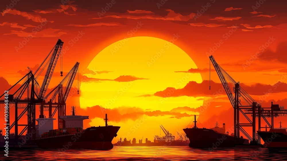 Fototapeta premium Sunset Silhouette of Cargo Ships and Cranes at a Busy Harbor