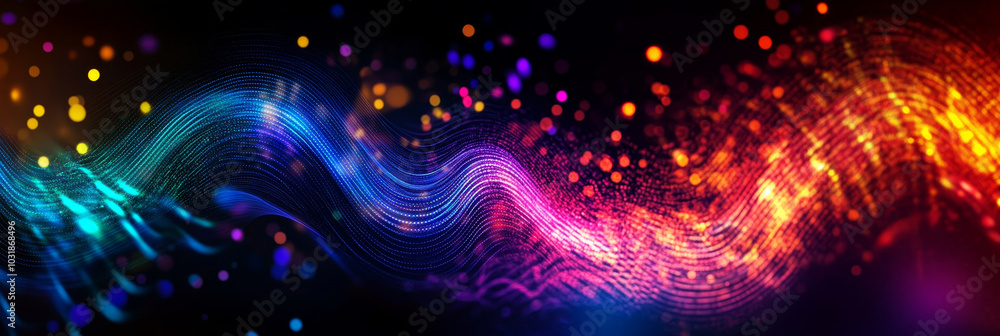 Fototapeta premium Abstract disco groove sound waves and speakers, a vibrant blend of blue, red, and yellow hues with sparkling bokeh lights and retro feel.