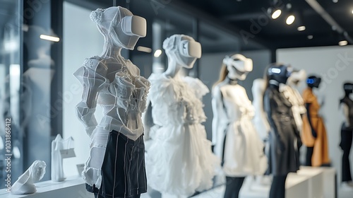 Digital fashion workshop with 3D-printed clothing prototypes and designers collaborating using virtual reality