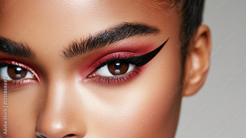 Close-up of a model's eye with sleek, bold burgundy eyeliner perfectly winged, contrasting against soft, neutral eyeshadow, creating a chic and elegant look Close-up of a model's eye with sleek, bold burgundy eyeliner perfectly winged, contrasting against soft, neutral eyeshadow, creating a chic and elegant look