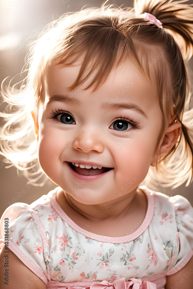 A portrait of a smiling toddler with big expressive eyes, glowing with warmth and joy, wearing a floral top. A portrait of a smiling toddler with big expressive eyes, glowing with warmth and joy, wearing a floral top.