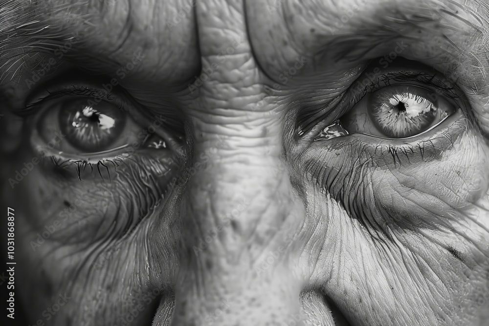 Fototapeta premium Close-up of an elderly person's expressive eyes, showcasing deep wrinkles and a rich life story in black and white