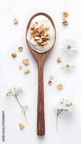 Yogurt and Cereals in Spoon, A top view of creamy yogurt adorned with crunchy cereals, set against a clean white background photo