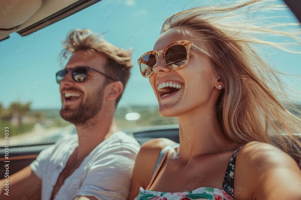 Perfect road trip. Excited spouses in sunglasses driving car, enjoying music and singing favorite song, windshield view, Generative AI Perfect road trip. Excited spouses in sunglasses driving car, enjoying music and singing favorite song, windshield view, Generative AI