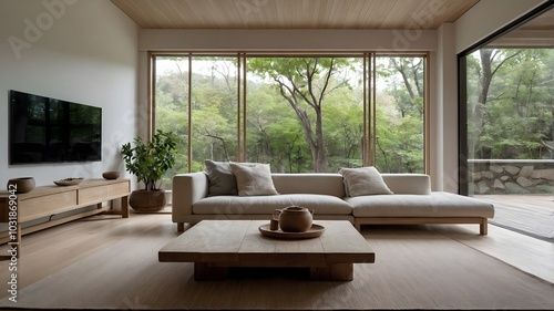 AI-Generated Image of a Japandi-Style Modern Minimalist Living Room with Large Floor-to-Ceiling Windows