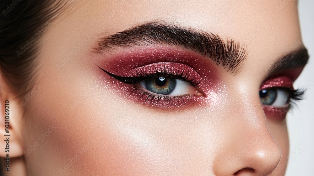 Naklejka premium Beautiful burgundy eyeliner with a dramatic wing, paired with subtle shimmery gold eyeshadow, highlighting the rich, warm tones for a striking makeup look 